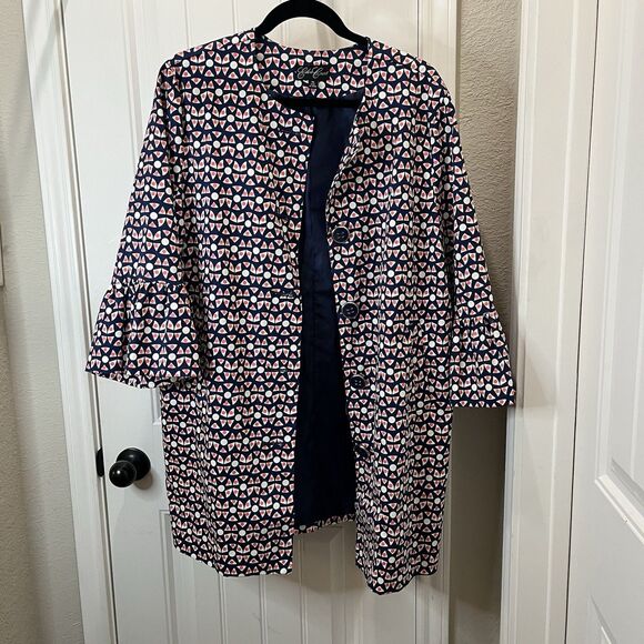 Eden Court Navy Cream Coral Geometric Preppy 3/4 Bell Sleeve Button Jacket XL - Picture 2 of 13